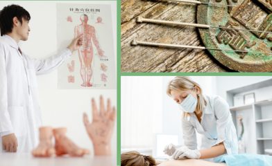 image collage of acupuncture needles, treatment session and lecture