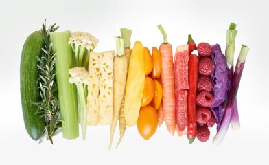 foods arranged in rainbow colors