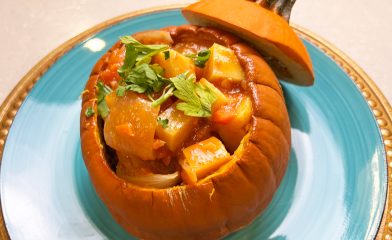 Pumpkin and Chicken Stew served inside a pumpkin